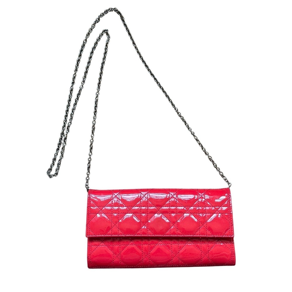 Christian Dior Lady Dior Red Patent Cannage Wallet on Chain WOC Crossbody